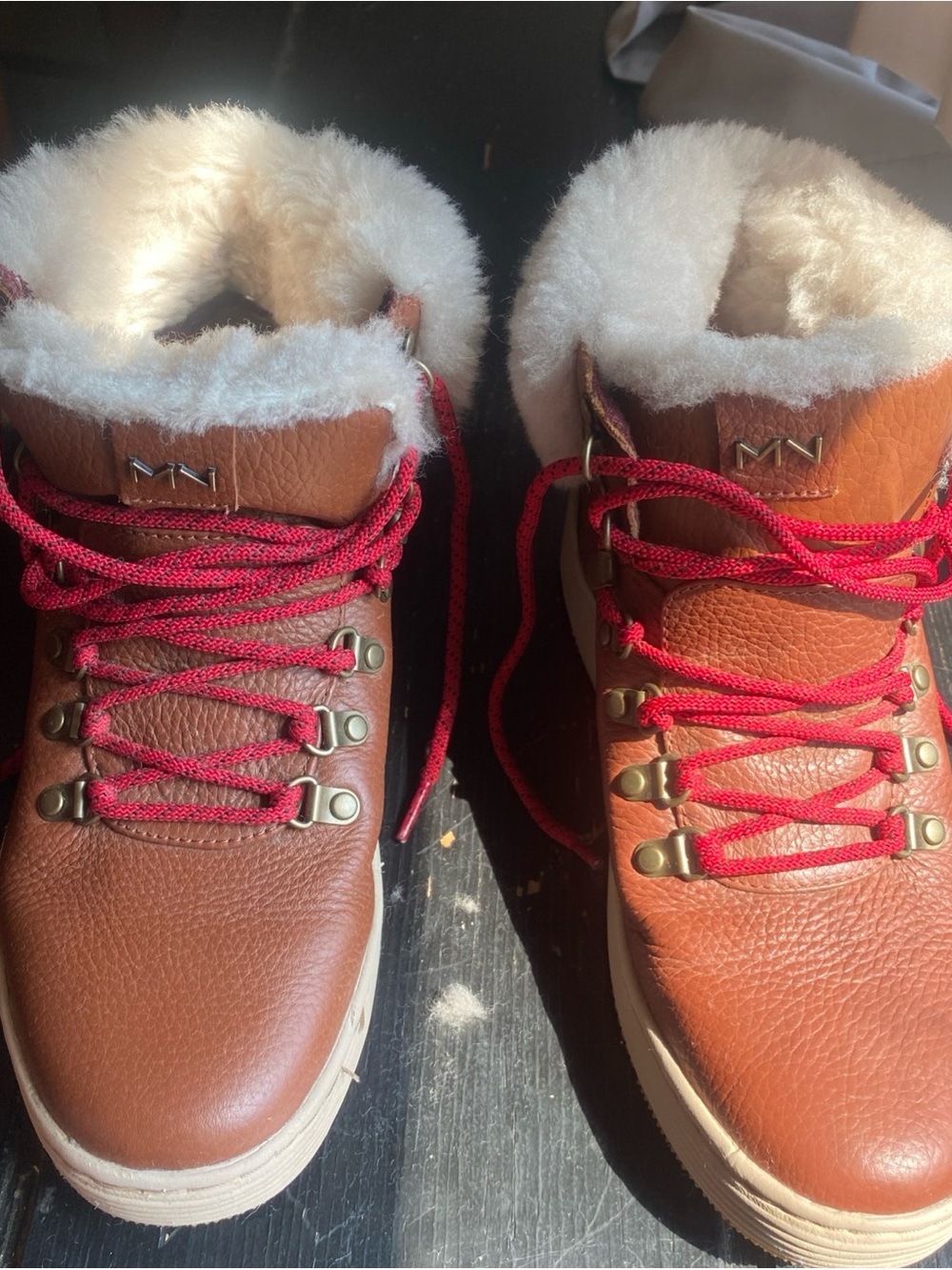 Mark Nason Brown Leather Shearling-Trim Ankle Boots with Red Laces